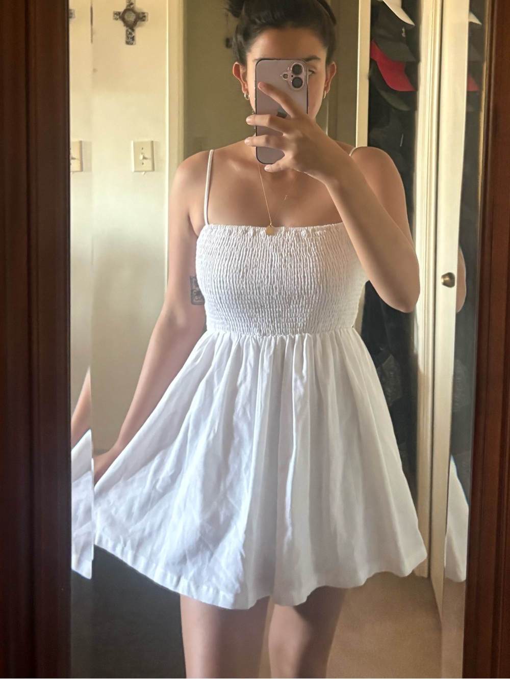 Smocked White Spaghetti-Strap Sundress